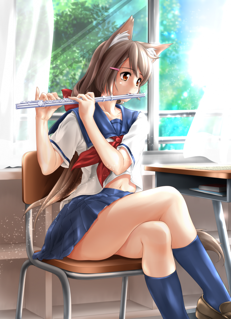 Catgirl playing a Flute ary by Tomoya Kankurou