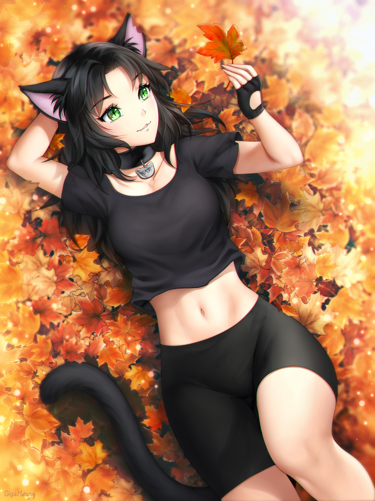 A catgirl laying in autumn leaves