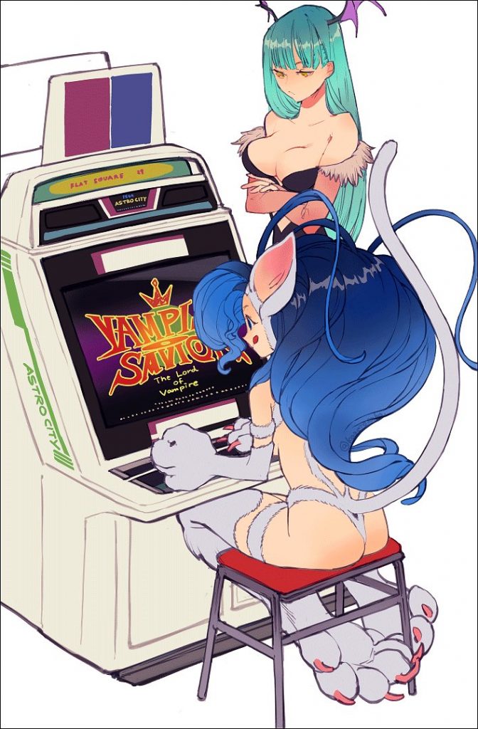 Felicia playing Vampire Savior: The Lord of Vampire while Morrigan watches