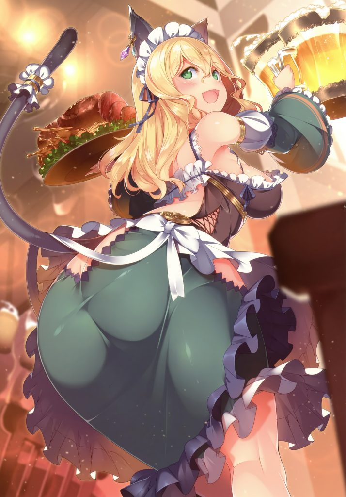 A catgirl serving beer and food while wearing a dirndl Art by kokka han