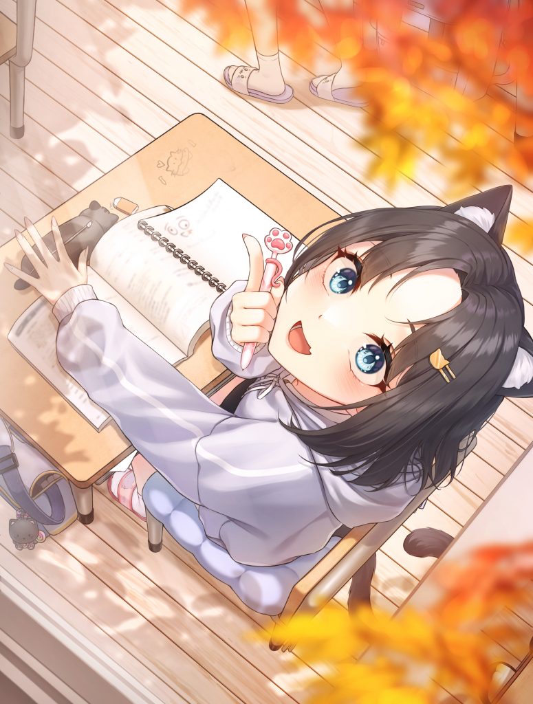 A catgirl student distracted by leaves Art by soo_ou