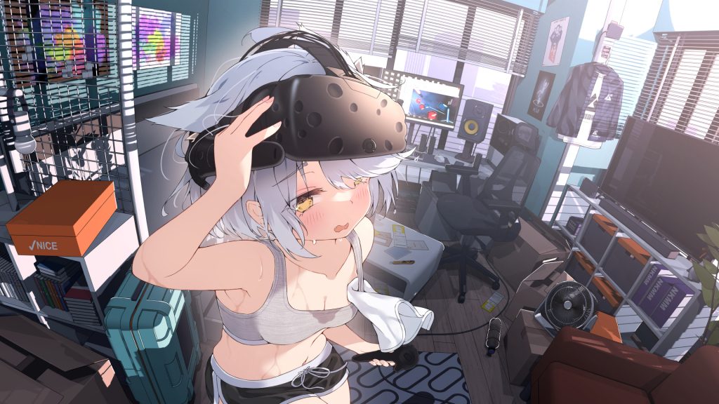 A catgirl playing Beat Sabre on a HTC Vive Art by HOJI