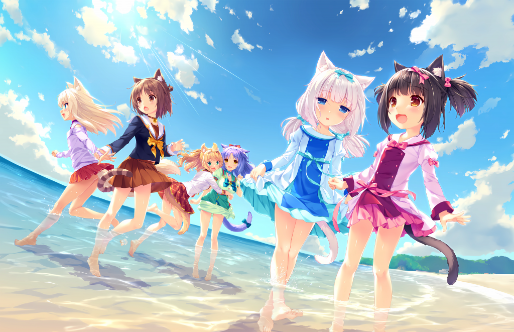Younger version of the catgirls of NEKOPARA enjoying the beach