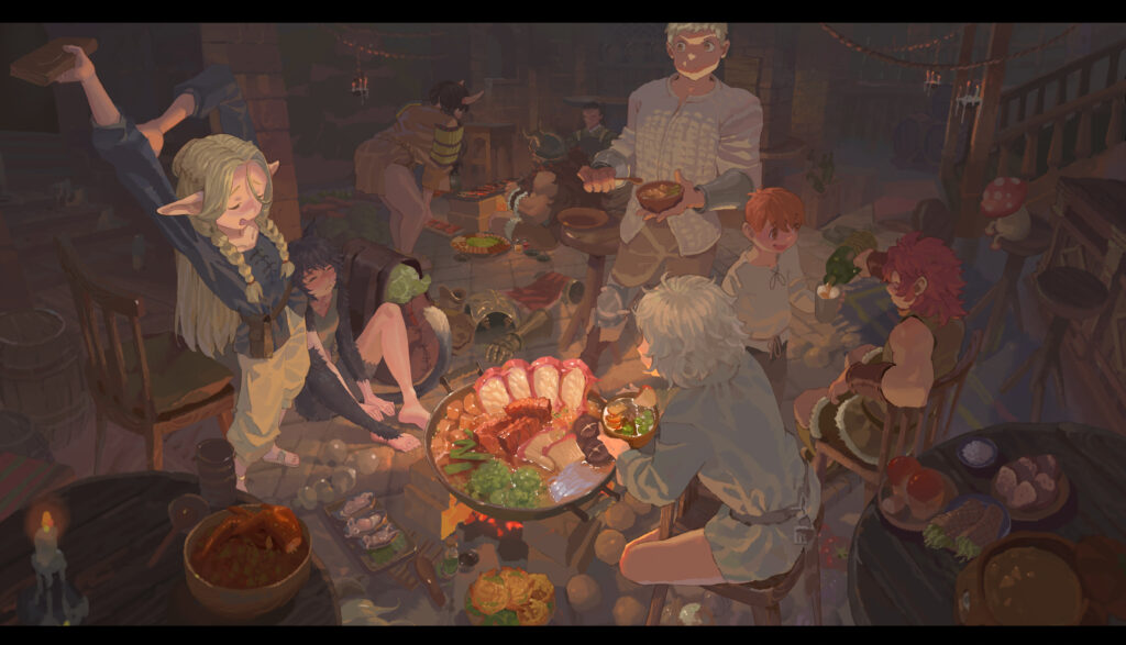 Laios and Shuro's parties share a meal, Art by ts psi vczzxvc