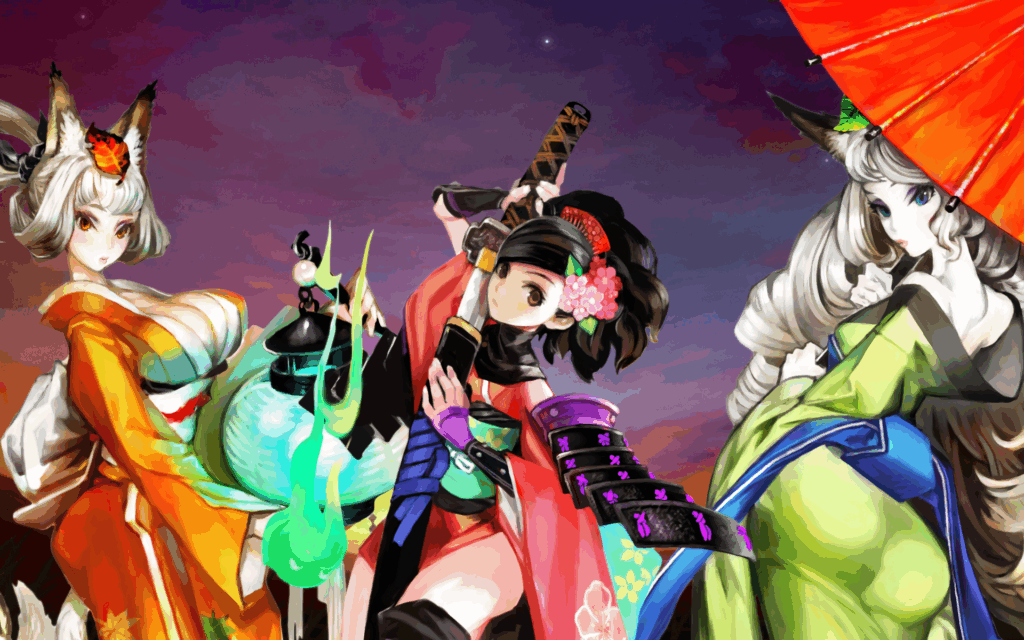 Kongiku, Kinkuro, Momohime, and Yuzuruha from Muramasa The Demon Blade, Official Art