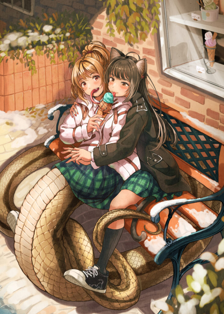 Nako-sana and Nagara-chan sharing ice cream in the snow, Art by 159cm