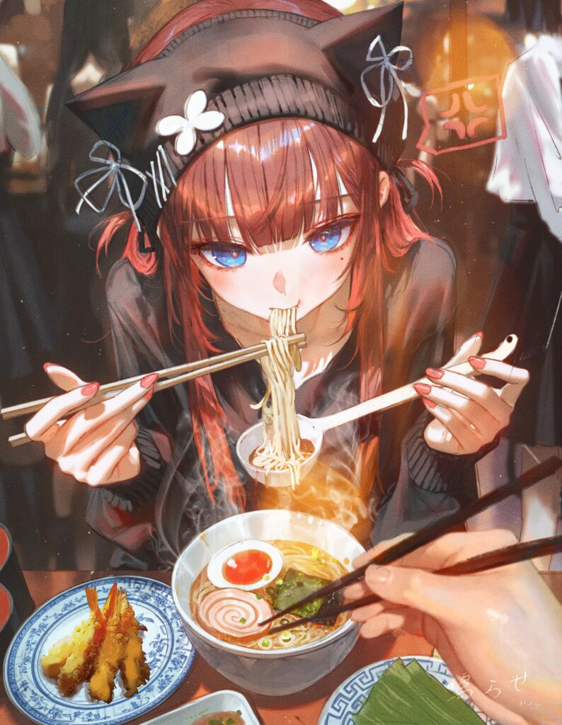 A girl in a cat ear knit cap eating ramen. Art by narase (ffrv5573) 