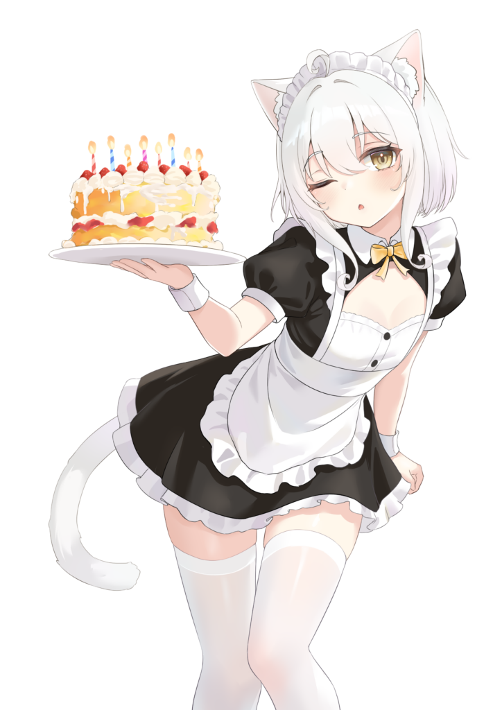 A catgirl maid holding a cake, Art by Zhai Mi Xing Hui